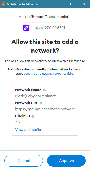 Metamask Prompting user to add Polygon Mainnet